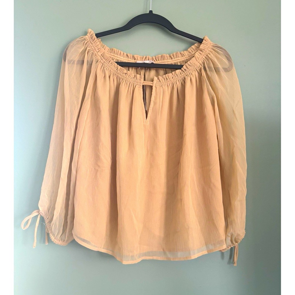 Loft NWT Beige Sheer Chiffon Peasant Blouse M Ruffle Boat Neck 3/4 Bell Sleeve